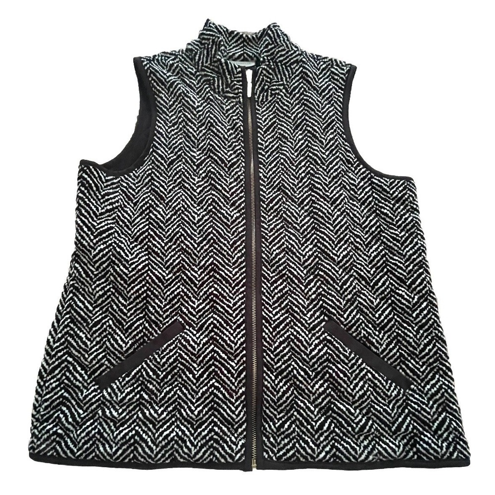 Charter Club Black White Vest Quilted Women's Medium Full-Zip Lightweight Soft
